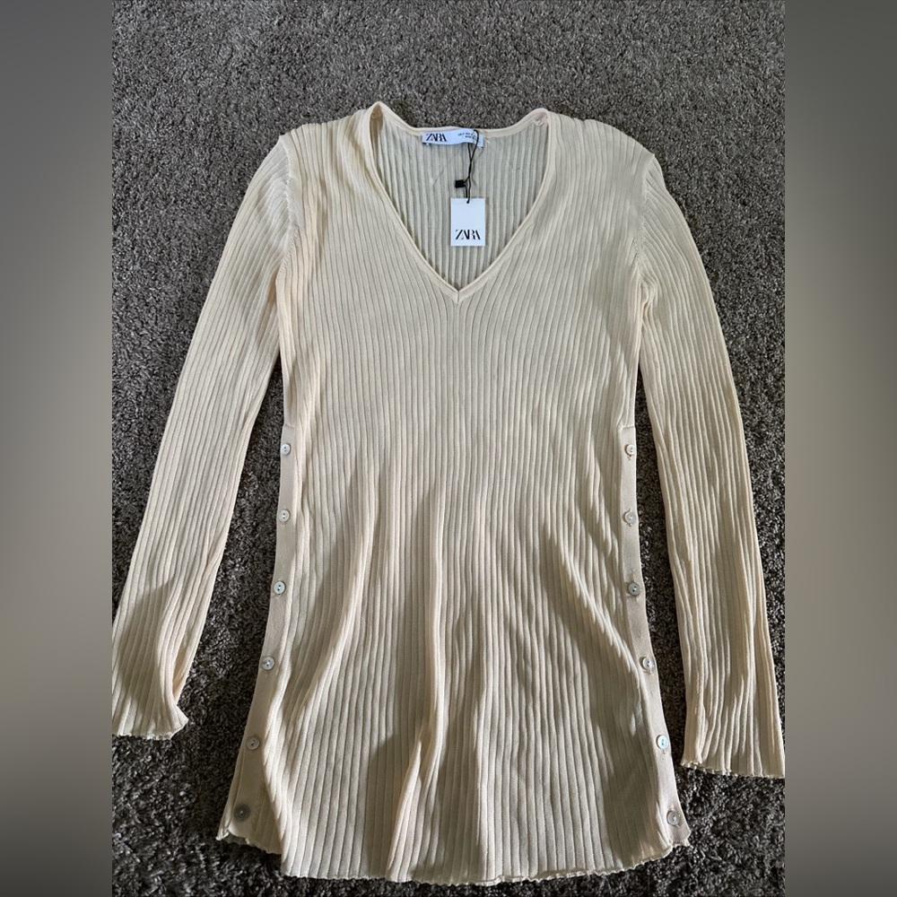 New Zara S Small Ribbed‎ V Neck Shirt Blouse Ivory Buttons Sexy Y2K Vibes